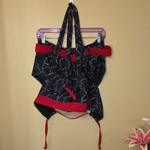 Unique Vintage Bikini, Black w/White Stitches Print And Red Detailing, Spooky